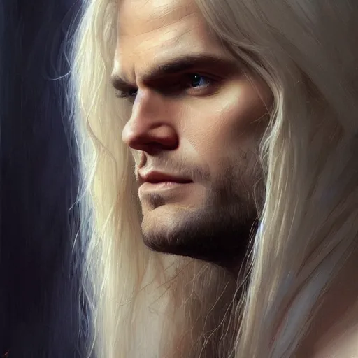 Prompt: Henry Cavill with luxurious long straight blond hair, very very pale white skin, closeup character art by Donato Giancola, Craig Mullins, digital art, trending on artstation - n 6