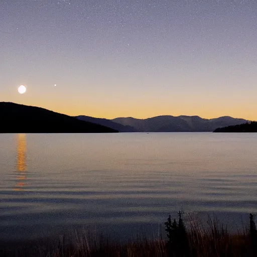 Image similar to full moonrise on still lake in the mountains