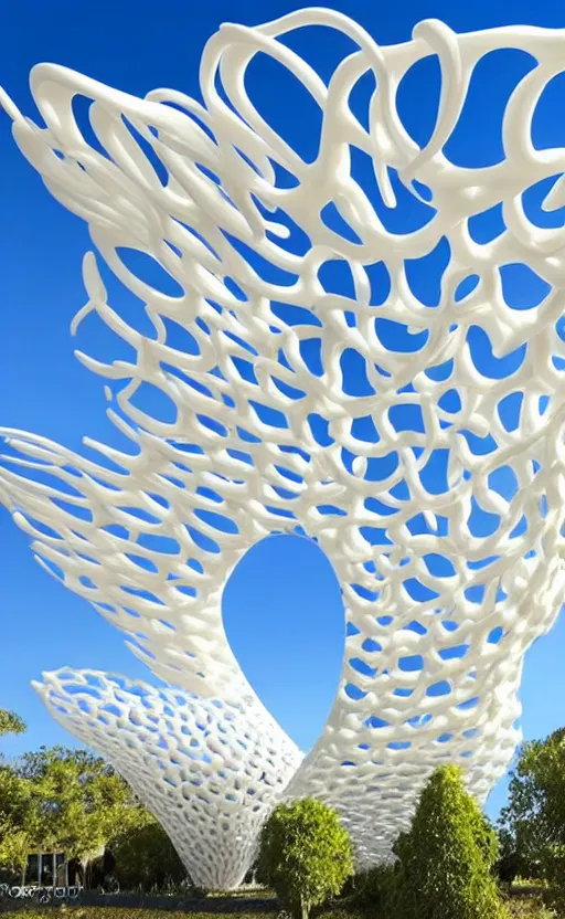 Image similar to elegant white art 3 d printed parametric installation with playful surreal tall lemon groves, beautiful sunny day, fluidity, vincent callebaut, mamou - mani, innovative voronoi pavilion with huge white magnolias above