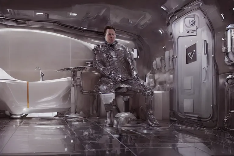 Image similar to hyperrealism aesthetic ridley scott and denis villeneuve style photography of a detailed hyperrealism elon musk, siting on a detailed futuristic toilet and scrolling his smartphone in hyperrealism scene from detailed art house movie in style of alejandro jodorowsky and wes anderson