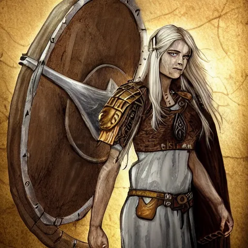 Viking Shield Maiden Kneeling with Shield Above Head, Viking