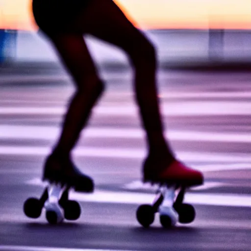 Prompt: a roller skater in a closeup. in santa monica at blue hour. canon eos c 3 0 0, ƒ 1. 8, 2 0 0 mm. 8 k. inspired by diane arbus photography