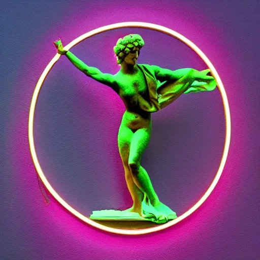 Image similar to a renaissance statue on a neon ring background