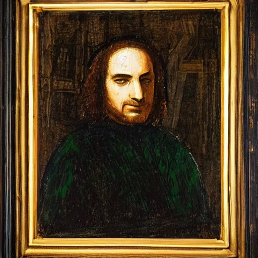 Image similar to portrait of Benjamin Netanyahu in black garbs by Leonardo de Vinci, scenic background, black brown green color palette