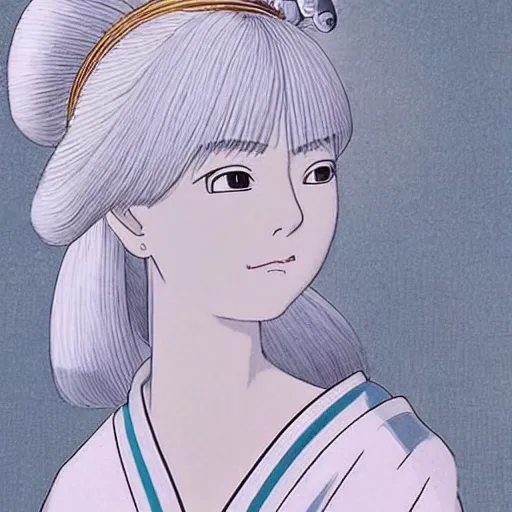 Image similar to Portrait of a japanese princess young lady, with white hair!!!! beauty artwork by Studio Ghibli, white hair