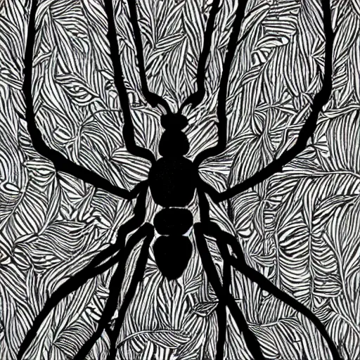 Image similar to ant, black and white, botanical illustration, black ink on white paper, bold lines