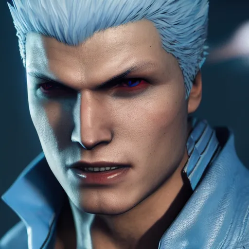 Image similar to vergil from devil may cry, 4k, capcom, octane render, artstation, cgsociety, highly detailed face, sharp focus, ambient occlusion, high contrast,