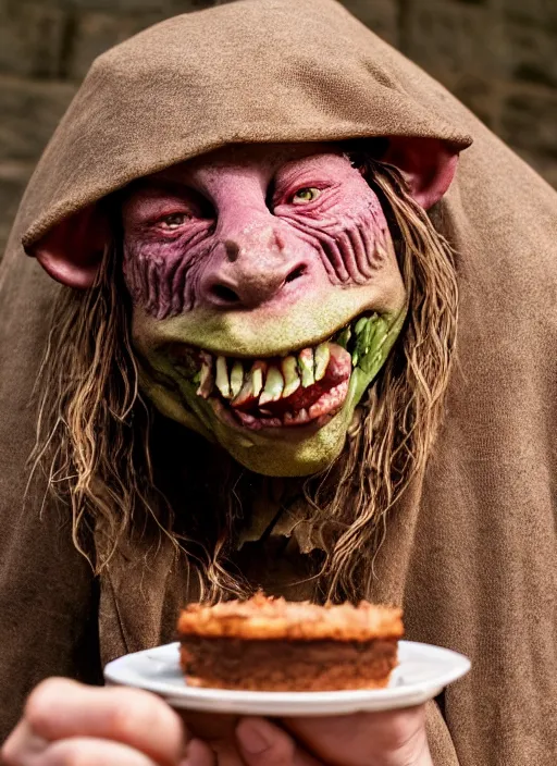 Image similar to closeup profile face portrait of a medieval goblin eating cakes in the cloisters, depth of field, zeiss lens, detailed, symmetrical, centered, fashion photoshoot, by annie leibovitz and steve mccurry, david lazar, jimmy nelsson, breathtaking, 8 k resolution, extremely detailed, beautiful, establishing shot, artistic, hyperrealistic, beautiful face, octane render