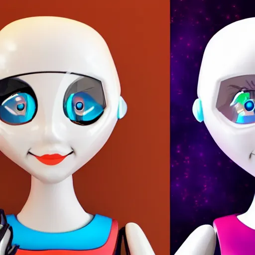 Prompt: A two sided girl. The left side shows her with no changes. The right side however, shows her in a robotic form. She has a smiling expression!