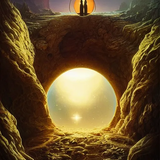 Image similar to highly detailed, intricate beautifully stunning picture of a cosmic aquarium in the middle of a keyhole portal overlooking the desert, stunning atmosphere, huge black glowing sun, matte painting by Andrei Riabovitchev, Shaun Tan and Peter Mohrbacher