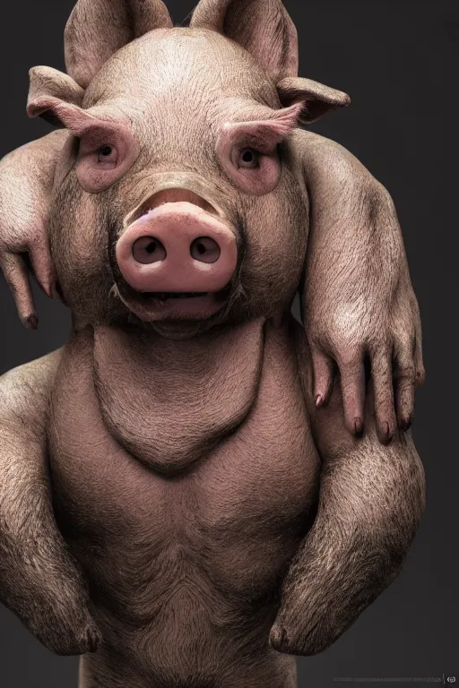 Image similar to a pig with a human face poses for a portrait, creepy, unsettling, scary, nightmare, intricate, hyper detailed, accent lighting, dramatic light, 4 k octane render