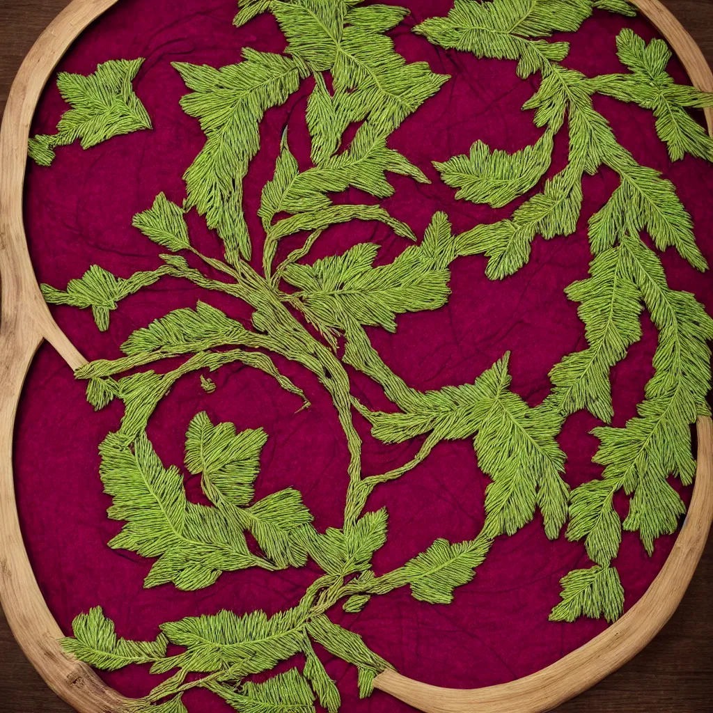 Image similar to embroidered giant cut beetroot, creating large spiral with embroidered leaves and fractal roots, over vivid wood table, food photography.. super detailed. masterpiece