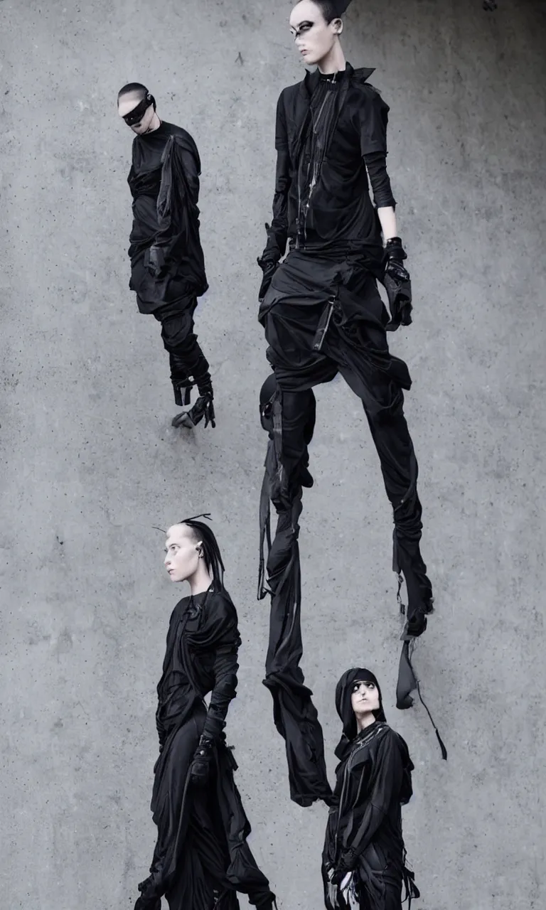 Image similar to beautiful androgynous avant garde techwear look and clothes, intricate, Rick Owens, Y3, trending on r/streetwear, fit pic, rule of thirds,