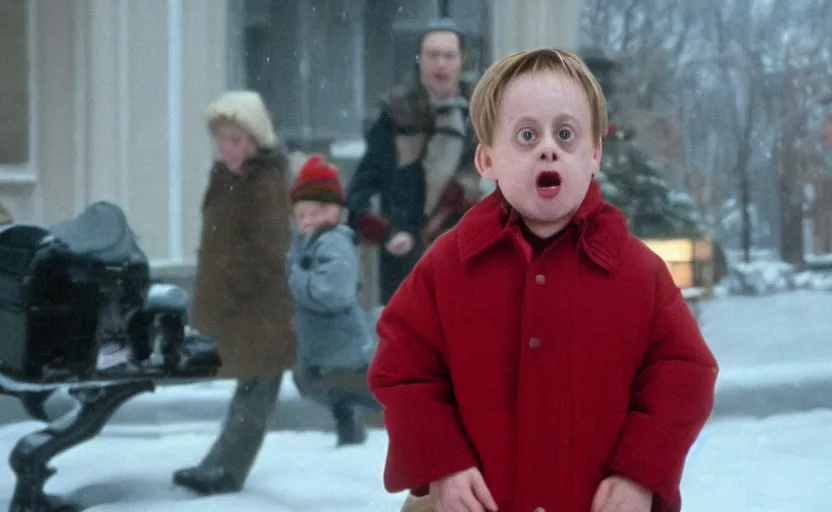 Image similar to Kieran Culkin as Kevin McCallister in 'Home Alone 2' (1992), movie still frame, oscar nominated cinematography, volumetric lighting, 8k resolution, beautiful composition