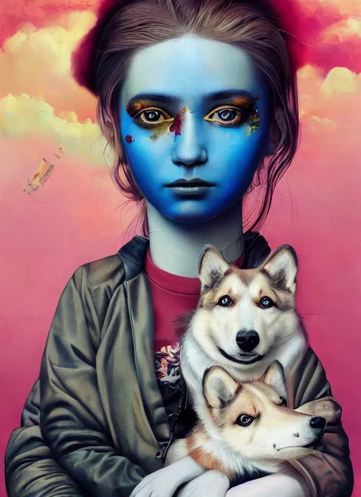 Prompt: beautiful portrait painting of a beautiful cute teenage Scandinavian lofi cyberpunk princess and her corgi assassin king happy, by Afarin Sajedi, Alessandro Barbucci, Alex Gross, Shin Jeongho, Shohei Otomo. trending on Artstation, 8k, masterpiece, face enhance, graffiti paint, fine detail, full of color, intricate detail, golden ratio illustration