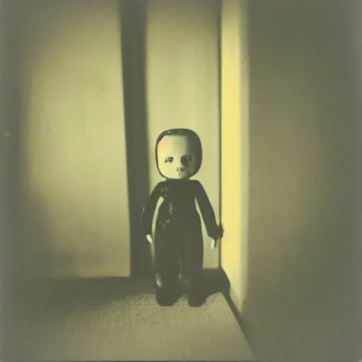 Image similar to aged polaroid photo of a scary doll in empty room, gloomy, grainy