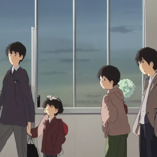 Image similar to A family saying goodbye to their children at a busy plane train station, by Dice Tsutsumi, Makoto Shinkai, Studio Ghibli