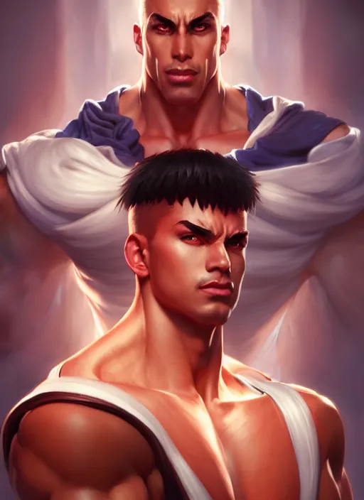 Image similar to Portrait of Ken from Street Fighter, muscular, robes! intricate, elegant, highly detailed, digital painting, artstation, concept art, smooth, sharp focus, illustration, art by artgerm and greg rutkowski and alphonse mucha