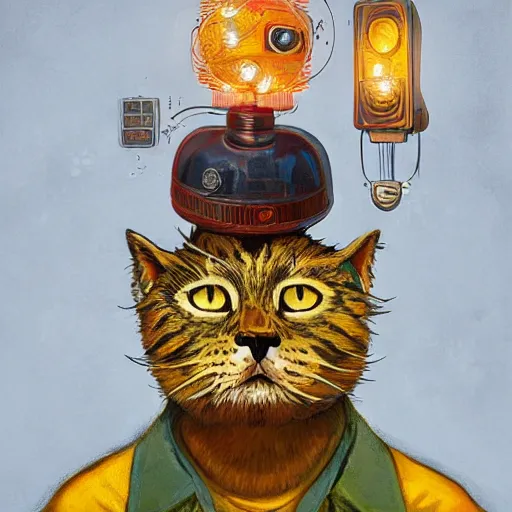 Image similar to portrait of a disillusioned young man, drained of energy by the artistic struggle, by louis wain, simon stalenhag and johanna martine, trending on artstation