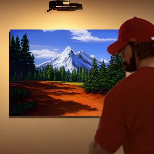 Image similar to a closeup photorealistic photograph of bob ross style kenny powers playing baseball, painting on a canvas. mountains and trees. film still. brightly lit scene. this 4 k hd image is trending on artstation, featured on behance, well - rendered, extra crisp, features intricate detail, epic composition and the style of unreal engine.