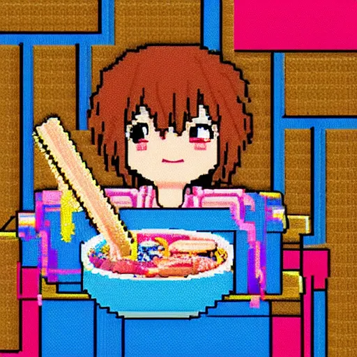 Prompt: 'pixel art anime girl in ramen cafe, blue and pink soft colors, 1990'