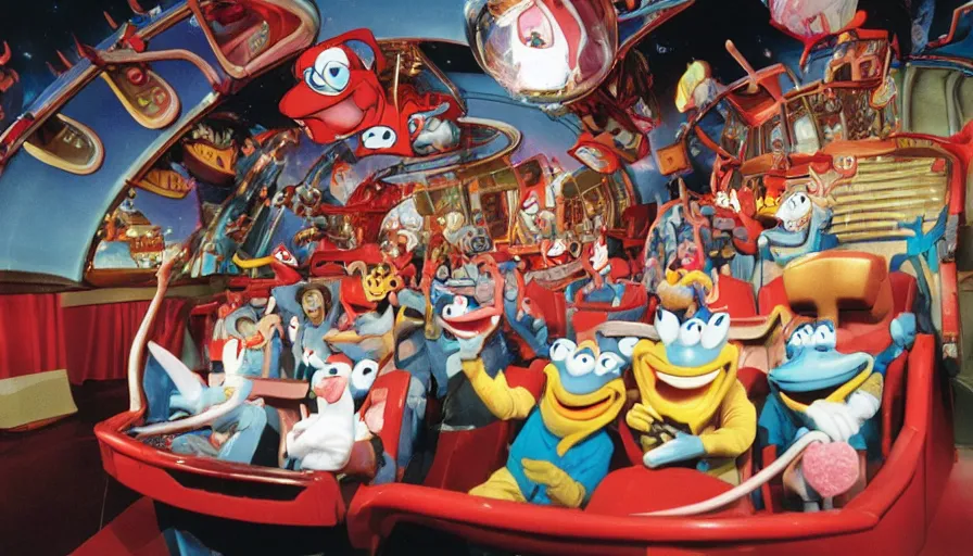 Image similar to 1990s photo of inside the Ren & Stimpy show ride at Universal Studios in Orlando, Florida, children riding through the space ship episode with Ren, Stimpy, Log and soap , cinematic, UHD