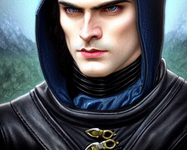 Prompt: handsome male clean shaved face portrait, long black hair blue eyes wearing leather mantle gothic navy cloak with leather details, cliffside town, fantasy character portrait, ultrarealistic, intricate details, elegant, cinematic lighting, highly detailed, artstation, d & d art, cgsociety, sharp focus, beautiful digital painting by artgerm, gerald brom, wlop, alphonse mucha