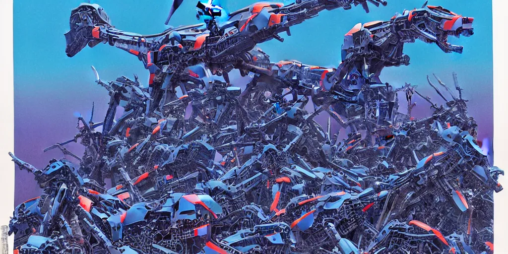 Prompt: risograph rendition of extremely - detailed black gigantic evangelion - like dinosaur mecha with a lot of blue children heads on it, ominous, intricate complexity, dramatic, epic composition, atmospheric, painting by moebius