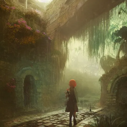 Image similar to ruins, beautiful, atmosphere, vibe, mist, rain, puddles, fern, flowers, concept art illustration, color page, tone mapping, akihiko yoshida, james jean, andrei riabovitchev, marc simonetti, digital illustration, greg rutowski, volumetric lighting, sunbeams, particles