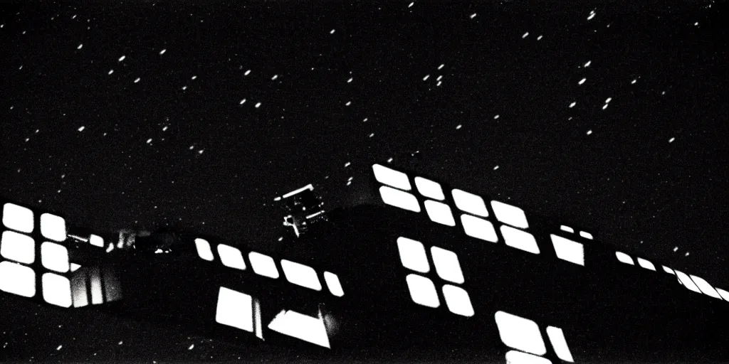 Prompt: low angle shot of a space station at night, film noir set design by Bertolt Brecht, in the style of Jim Jarmusch, shot on film, grainy, hyperrealistic