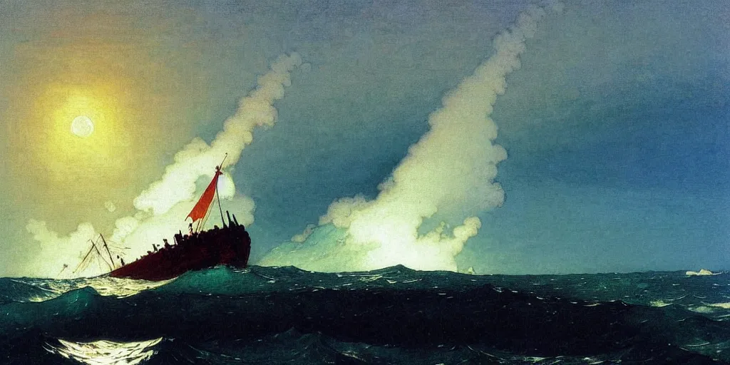 Prompt: “ ( ( ( ( ( boat on fire in rough ocean waves ) ) ) ) ) painted by caspar david friedrich and ivan aivazovsky and winslow homer!!!!!!!!!! ”