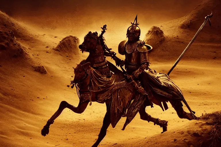 Image similar to the king in the desert dead on the ground, defeated, blood on sand, swords fallen to ground, fighting in a dark scene, gold sword, detailed scene, killed in war, blood spill, Armour and fallen Crown, highly detailed, blood and dust in the air, brutal battle, action scene, cinematic lighting, dramatic lighting, trending on artstation, elegant, intricate, character design, motion and action and tragedy, fantasy, D&D, highly detailed, digital painting, concept art