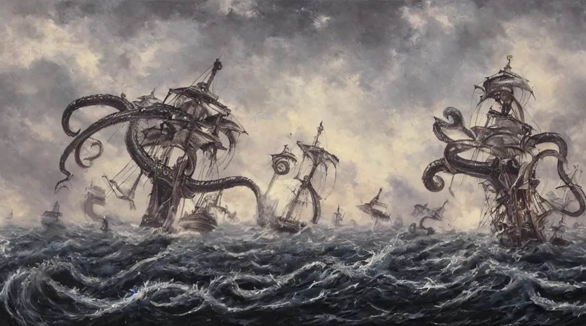 Image similar to oil painting of a kraken attacking a pirate ship