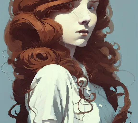 Prompt: portrait woman with long ginger curly hair, dress with runes, by atey ghailan, by greg rutkowski, by greg tocchini, by james gilleard, by joe fenton, by kaethe butcher, by ashley wood, dynamic lighting, gradient light blue, brown, blonde cream and white color scheme, grunge aesthetic