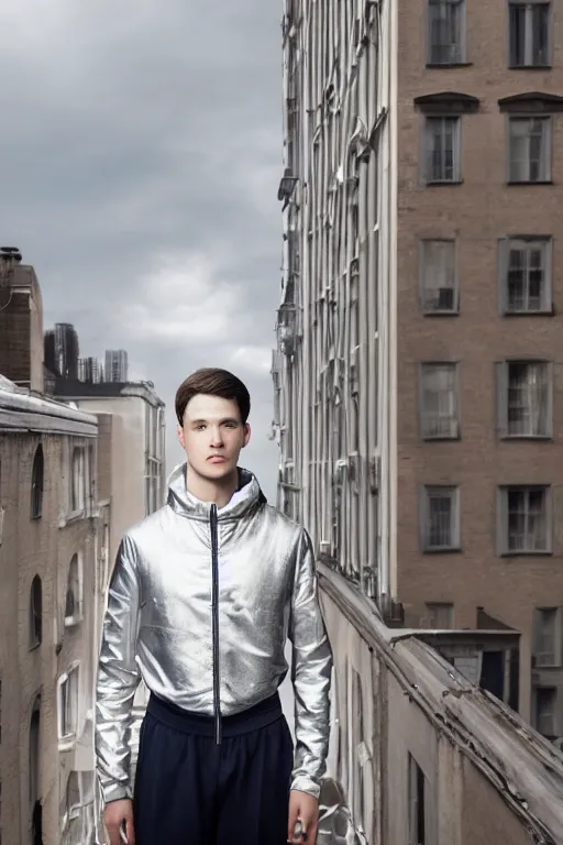 Image similar to un ultra high definition studio quality photographic art portrait of a young man standing on the rooftop of a british apartment building wearing soft padded silver pearlescent clothing. three point light. extremely detailed. golden ratio, ray tracing, volumetric light, shallow depth of field. set dressed.