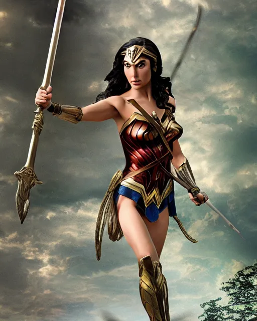 Prompt: a huge bronze statue of gal gadot ’ s wonder woman holding her spear and shield, fantasy landscape, photorealistic, atmospheric