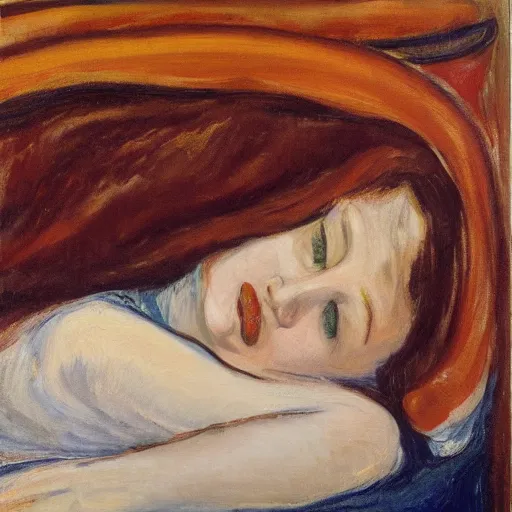 Image similar to lady with brown hair taking up too much space in bed in, oil painting in the style of edvard munch