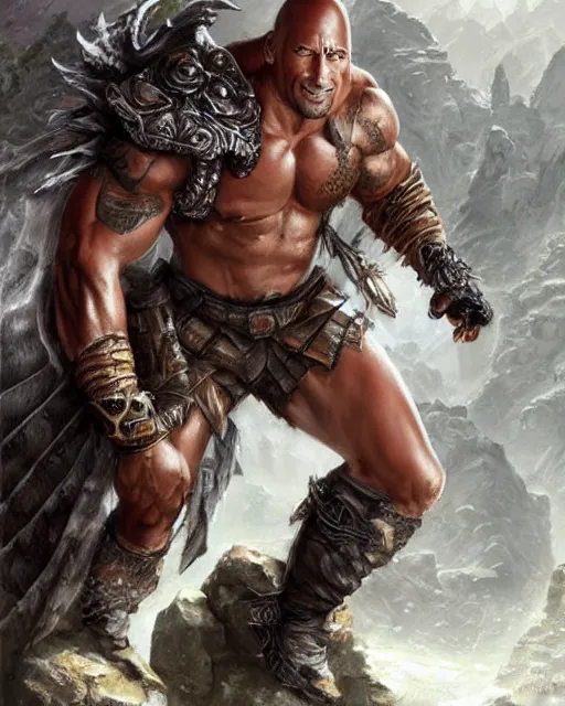 Image similar to dwayne johnson, dnd, high fantasy. royo, artgem, wlop