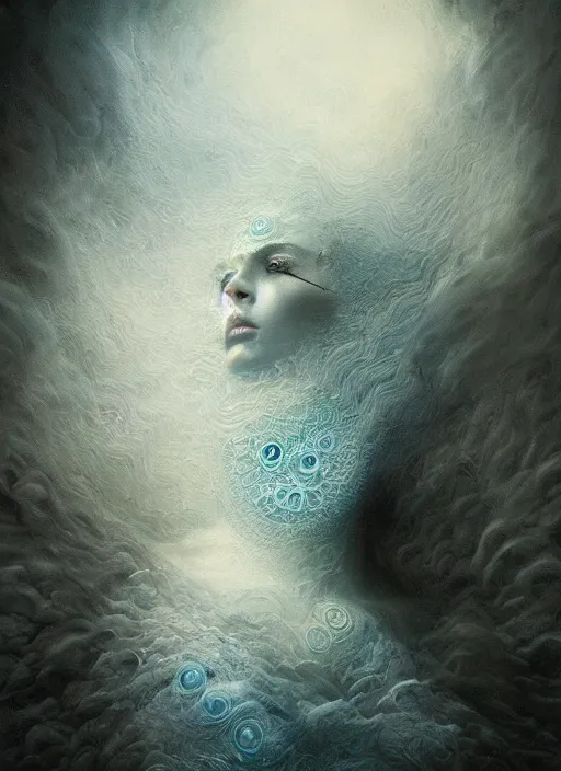 Image similar to Her huge ominous glowing blue eyes staring into my soul , perfect eyes, soft pale white skin, intricate stunning highly detailed, agostino arrivabene, Tomasz strzalkowski, twisted dark lucid dream, 8k portrait render, raven angel wings, swirling thick smoke , beautiful lighting, dark fantasy art, cgsociety