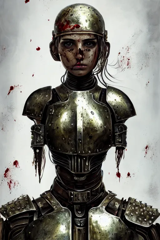 Prompt: a photorealistic painting of an attractive young girl, partially clothed in dirty metal-plated battle armor, spots of blood, olive skin, long dark hair, beautiful bone structure, symmetrical face, perfect eyes, intricate, elegant, digital painting, concept art, illustration, sharp focus, minimal artifacts, volumetric lighting, from Metal Gear, in the style of Ruan Jia and Mandy Jurgens and Greg Rutkowski, trending on Artstation, award winning