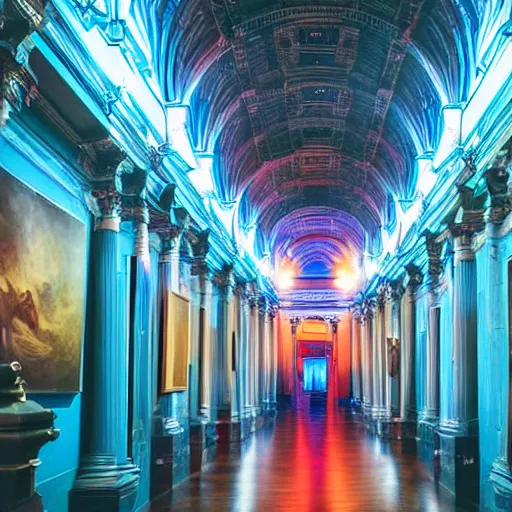 Image similar to detailed, deep depth of field, colourful lightning, history museum hall with statues and paintings, dark academia aesthetics, mood light, blue