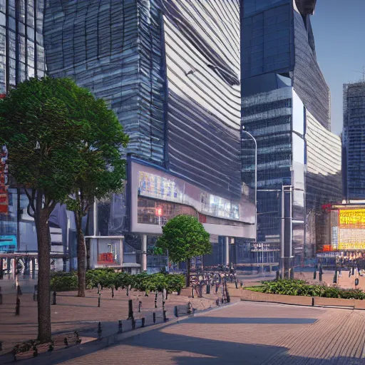 Image similar to tokyo and london city 2055 outdoor plaza photograph, unreal engine 4k concept art render octane