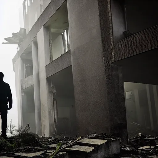 Prompt: A mysterious man standing in the middle of a stair hallway looking in the direction of the camera, the man is using a flashlight in a City in ruins with vegetation growing from the destroyed buildings :: apocalyptic, gloomy, desolate :: long shot, low angle, dramatic backlighting, symmetrical photography :: cinematic shot, highly detailed