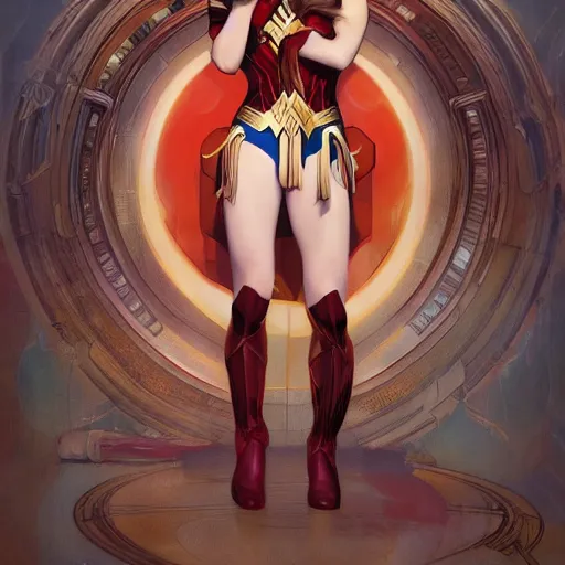 Image similar to a beautiful young monkey girl cosplaying as Wonder Woman, mucha, mayhem, illustration, by James Jean, artgerm, octane render, by John Coltrane and Marc Simonetti, Manic, inspired by Greg rutkowski, colorful, studio lighting, high detail of the face, full body