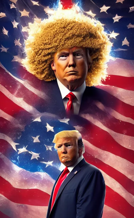 Image similar to Portrait of Donald Trump with a large afro, splash art, movie still, cinematic lighting, dramatic, octane render, long lens, shallow depth of field, bokeh, anamorphic lens flare, 8k, hyper detailed, 35mm film grain