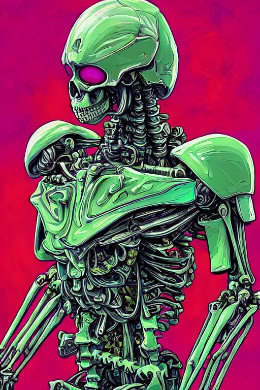 Image similar to comic art of a fluorescent ultra-detailed portrait art of mecha skeleton, by dan mumford and Junji Ito,, zx spectrum color palette, anatomy, only two hands, highly detailed, digital painting, artstation, concept art, smooth, sharp focus, illustration, Unreal Engine 5, 8K, art by art by artgerm and greg rutkowski and edgar maxence