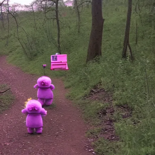 Prompt: Trail cam footage of the Teletubbies