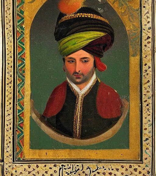 Image similar to 1 8 th century ottoman portrait of a filthy sultan with a turban, living in a giant palace, highly detailed