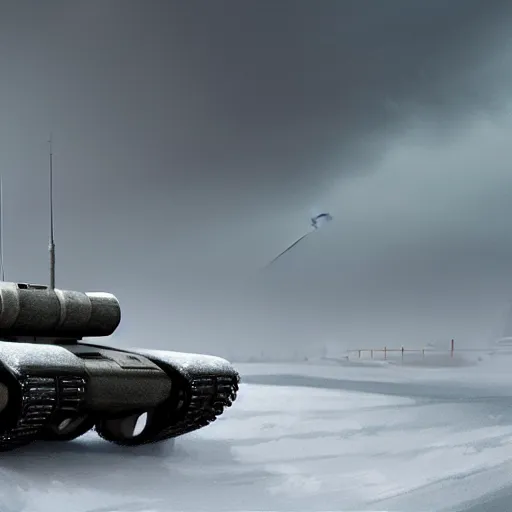 Prompt: beautiful concept art of a futuristic tank against a snowy backdrop, moody light, cinematic, as seen on artstation, denis villeneuve