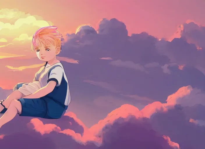 Image similar to a little boy with blonde hair sitting on a cloud in front of a pink and blue sunrise sky. clean cel shaded vector art. shutterstock. behance hd by lois van baarle, artgerm, helen huang, by makoto shinkai and ilya kuvshinov, rossdraws, illustration, art by ilya kuvshinov